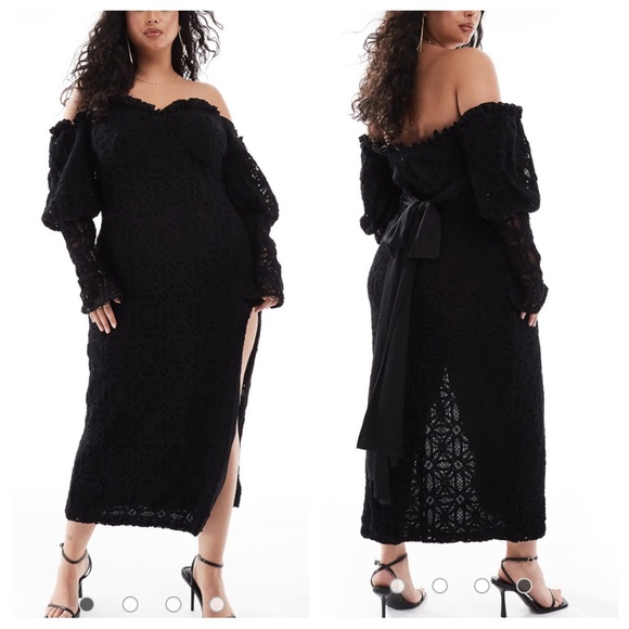 ASOS LUXE Curve off shoulder crochet bardot midi dress with bow back in black - Picture 1 of 10